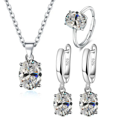 925 Sterling Silver Women’s Jewelry Set – Elegant Ellipse Zircon Ring, Necklace & Earrings
