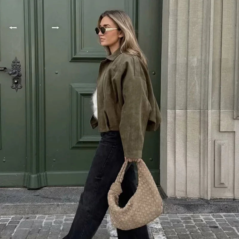 Women’s Bomber Jacket – Vintage Turn-Down Collar Loose Fashion Coat