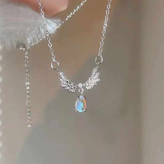 Light Luxury Angel Wings Moonstone Pendant Necklace for Women Wedding Jewelry
