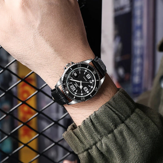 Luxury Men’s Leather Strap Watch – Waterproof Quartz Wristwatch with Calendar Display