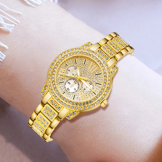 Women’s Quartz Watch & Jewelry Set – Gold Rhinestone Necklace, Ring & Earrings Luxury Fashion Wristwatch
