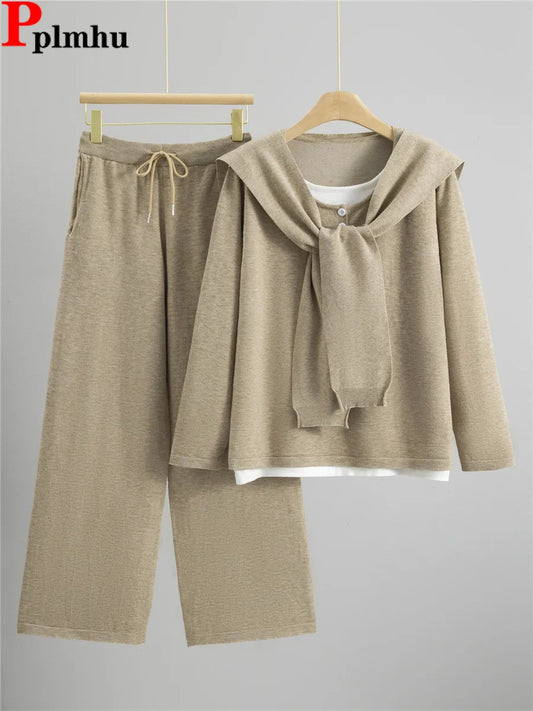 Women’s Casual Knitted 2-Piece Set – Korean Knitwear Sweater + Shawl + High Waist Pants | 2025 Fashion Outfit