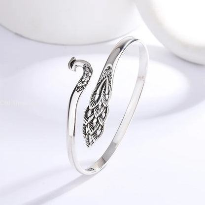 Cloisonné Peacock & Phoenix Silver-Plated Bracelet – Ethnic Vintage Openwork Jewelry for Women