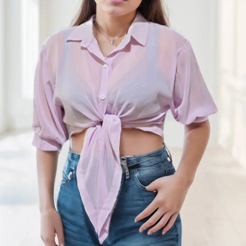 Women’s Casual White Chiffon Blouse – Hollow Bat Half Sleeve with Tied Waist & Buttons | Summer Elegant Top