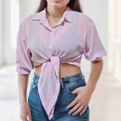 Women’s Casual White Chiffon Blouse – Hollow Bat Half Sleeve with Tied Waist & Buttons | Summer Elegant Top
