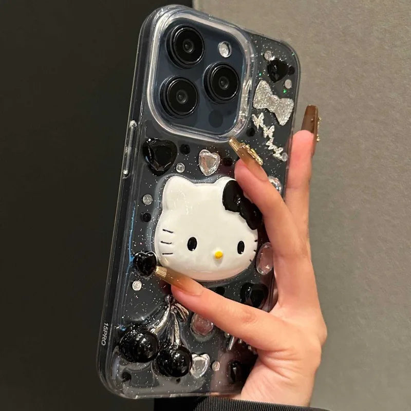 Kawayi  Hello Kitty 3d Cherry Mobile Phone Protective Case Trend Anime Fall Prevention Transparent for 14/15/16promax Xr/xsmax