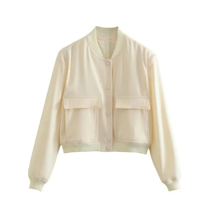 Women’s Cropped Bomber Jacket – MUJER 2025 White Button Long-Sleeve Autumn/Winter Coat
