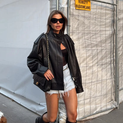 Vintage Y2K Leather Jacket for Women – Short Zipper Lapel Coat