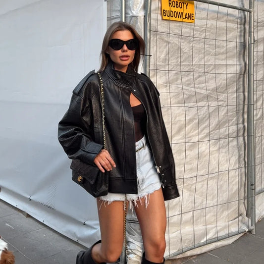 Vintage Y2K Leather Jacket for Women – Short Zipper Lapel Coat