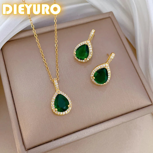 DIEYURO 316L Stainless Steel Green Water Droplet Zircon Pendant Necklace & Earrings Set – Trendy Jewelry Gift for Girls