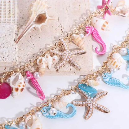 Bohemian Sea Shell & Starfish Bracelet – Imitation Pearl Beaded Adjustable Beach Jewelry for Women
