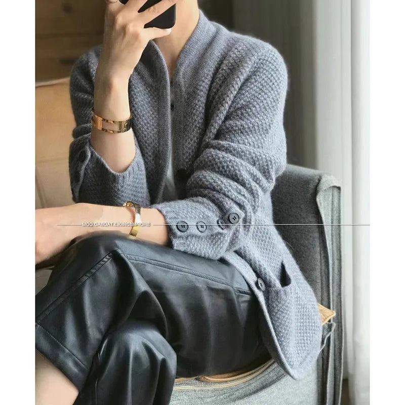 Women’s 100% Cashmere Wool Cardigan – Thick Loose Knit Stand Neck Sweater