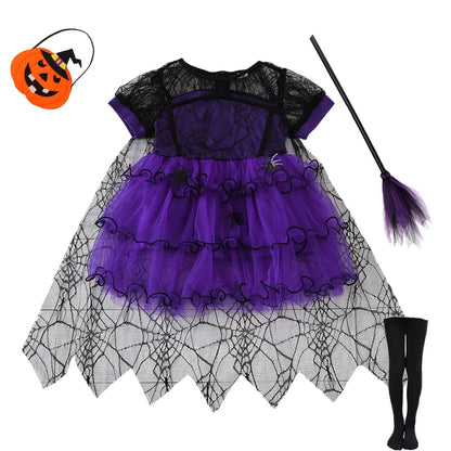 2–7Y Halloween Witch Cosplay Dress – Cute Spider Mesh Cape Outfit for Baby & Kids, Carnival Party Costume