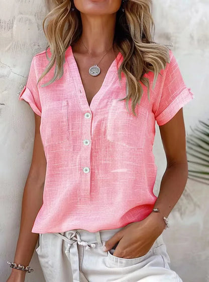 Women’s Casual V-Neck Shirt – Solid Short Sleeve Button Pullover Top | Summer Office Fashion Blouse