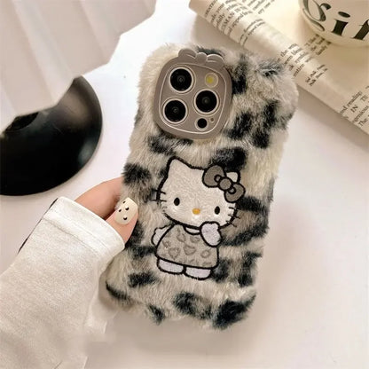 Y2k Hello Kitty Kawaii Plush Leopard Print Phone Case for Iphone 16 15 14 13 12 Pro Max Anime Autumn Winter Warm Soft Cover Gift