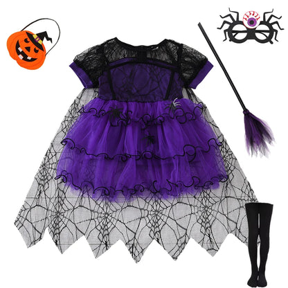 2–7Y Halloween Witch Cosplay Dress – Cute Spider Mesh Cape Outfit for Baby & Kids, Carnival Party Costume