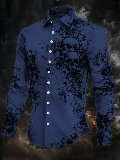 2025 Halloween Men’s Costume Shirt – Skull Print Button-Up Long Sleeve Casual Dress Shirt, Dark Gothic Style