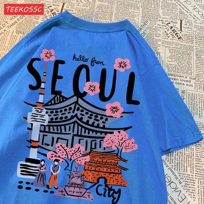 Women’s Casual Cotton T-Shirt – Seoul Scenery Printed Short Sleeve Oversize Tee | Breathable Summer TopWomen’s Clothing / Tops / T-Shirts