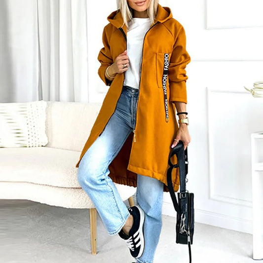 Women’s Casual Letter Printed Long Hoodie Jacket – Zipper Overcoat for Autumn & Winter | Sporty Streetwear Outerwear