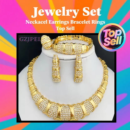 Dubai 18K Gold Plated Luxury Jewelry Set – Women’s Necklace, Earrings, Bracelet & Ring for Wedding and Party