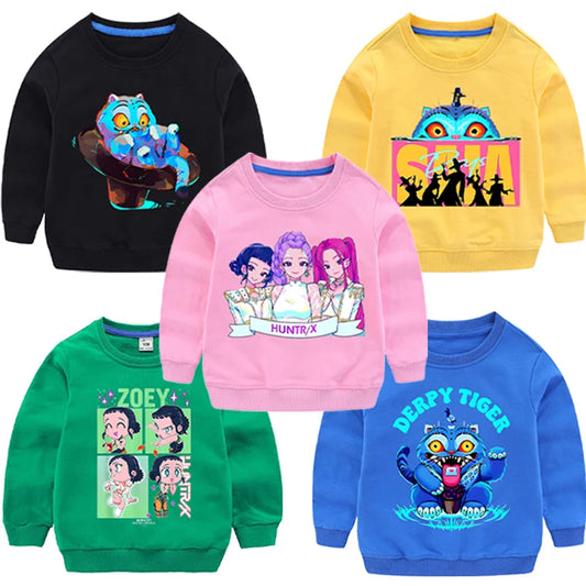 K-pop Demon Hunters Round-Neck Sweatshirt – Cute Anime Cartoon Hoodie for Children, Boys & Girls, Spring & Autumn Sport Fashion