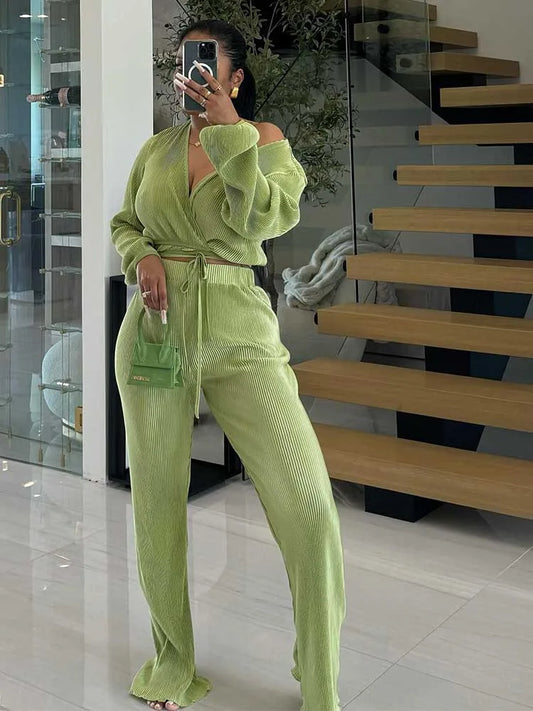 Women’s Casual 2-Piece Lounge Set – Draped Top & Elastic Wrap Pants | Fall Outfits Wholesale Dropshipping