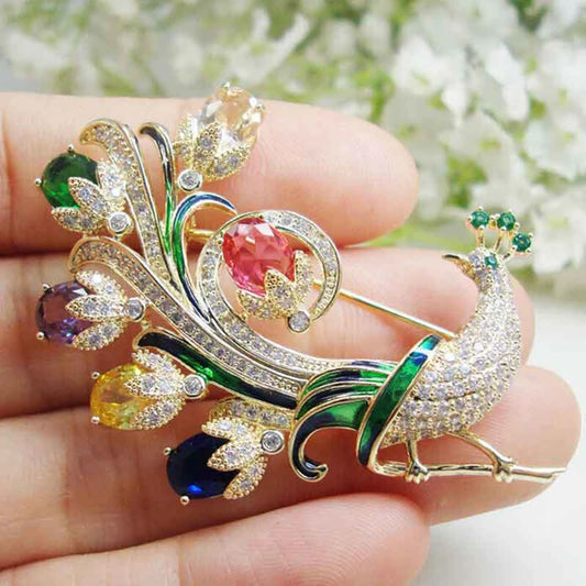Luxury Multicolor Peacock Brooch – Elegant Zircon Crystal Pin Jewelry Gift for Women