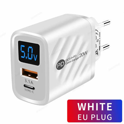 3.1A USB Fast Charger 20W USB Type C Charger PD Quick Charger QC 3.0 Digital Display Wall Power Adapter Travel Charger For Phone