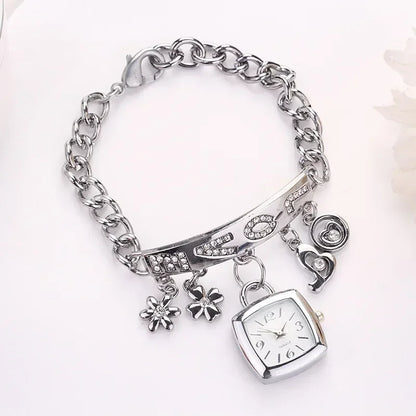 Women’s Rhinestone Chain Bracelet Watch – Letter Design Flower Pendant Dress Wristwatch Gift Zegarek Damski