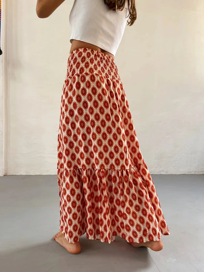 Women’s Boho Maxi Skirt – Vintage Floral Print Elastic Waist Beach Skirt for Spring & Summer