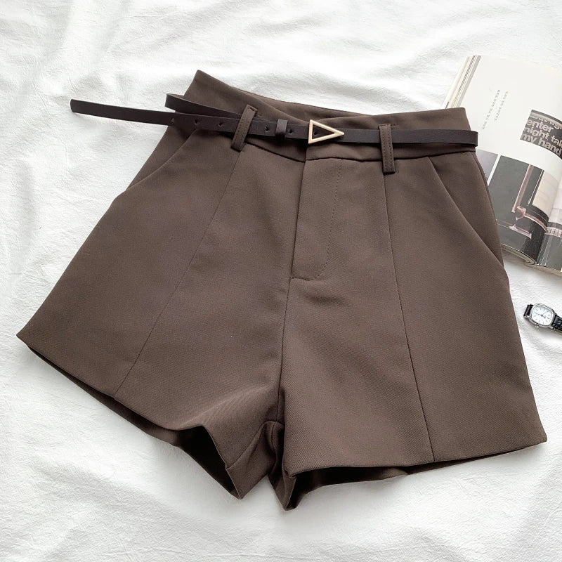 Women Casual A-line High Waist Shorts with Belt – Chic Office Lady Vintage Style Trousers for Spring & Summer