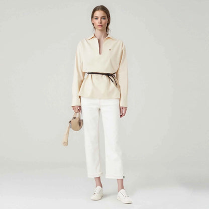 Women’s Elegant Embroidered Shirt – V-Neck Long Sleeve Casual Top with Belt Decoration | Fashion Office Wear