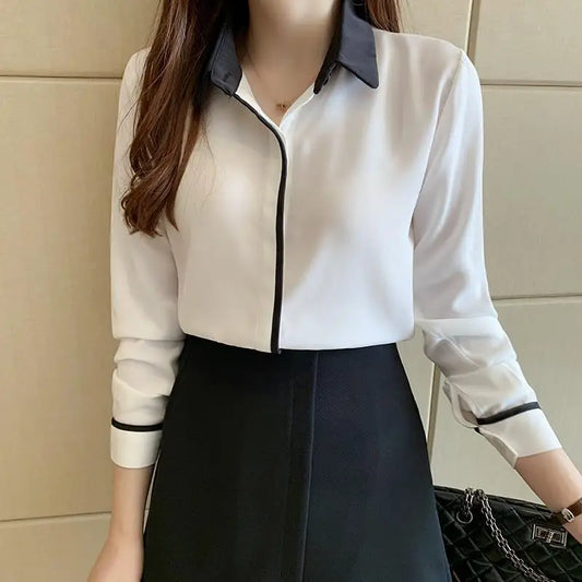 Western Style White Chiffon Shirt – Casual Loose Professional Top for Women, Spring & Autumn Fashion