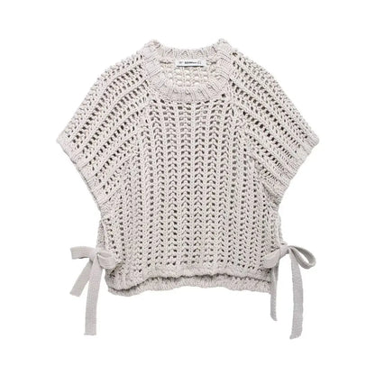 Women’s Hollow-Out Knit Pullover – Short Sleeve Lace-Up Bow Sweater