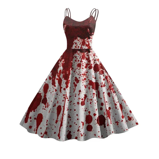 2025 Halloween Women’s Cosplay Dress – Retro Funny Horror Theme Bloody Printed Suspender Strappy Dress, Witch Costume