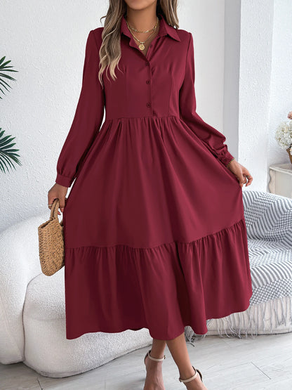 Women’s Casual Vacation Shirt Dress – Long Sleeve Turn-Down Collar Single-Breasted Spring & Autumn Dress