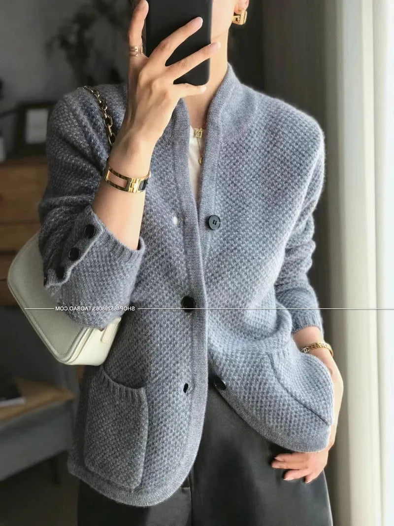 Women’s 100% Cashmere Wool Cardigan – Thick Loose Knit Stand Neck Sweater
