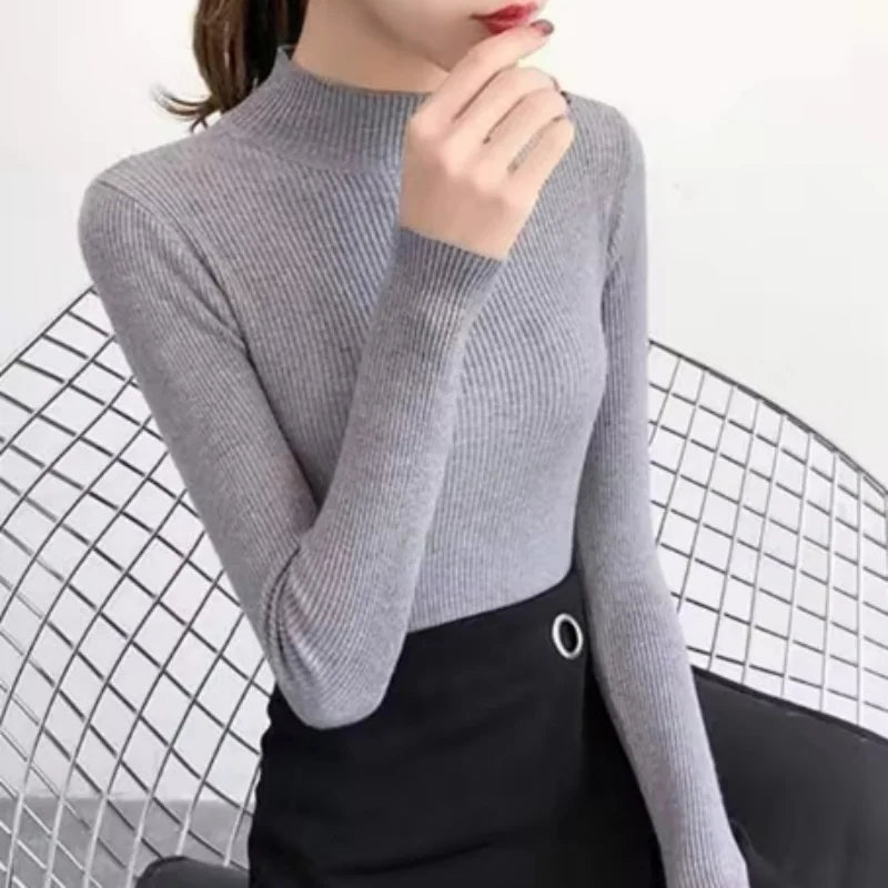 Autumn Winter Women’s Mock Neck Slim Knit Sweater