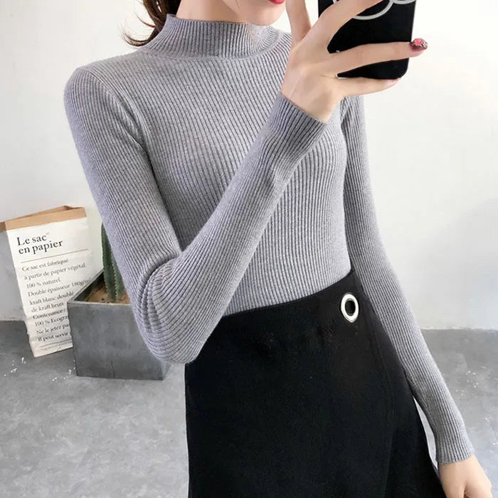 Autumn Winter Women’s Mock Neck Slim Knit Sweater