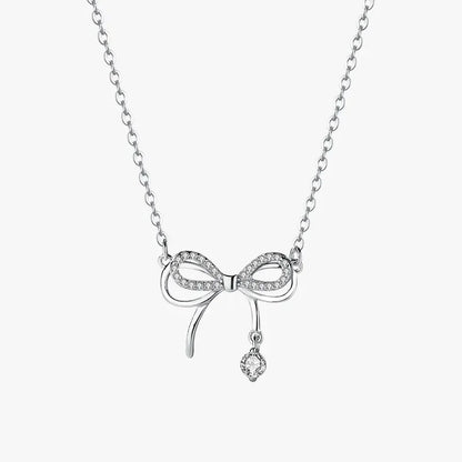 Real 925 Sterling Silver Bow Necklace – Shining Zircon Pendant Jewelry for Women, Wedding & Gift