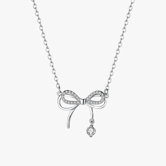 Real 925 Sterling Silver Bow Necklace – Shining Zircon Pendant Jewelry for Women, Wedding & Gift
