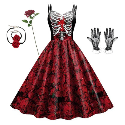 2025 Halloween Women’s Skull Print Halter Dress – Sleeveless Tunic Vintage Party Dress, Gothic Masquerade Vestido