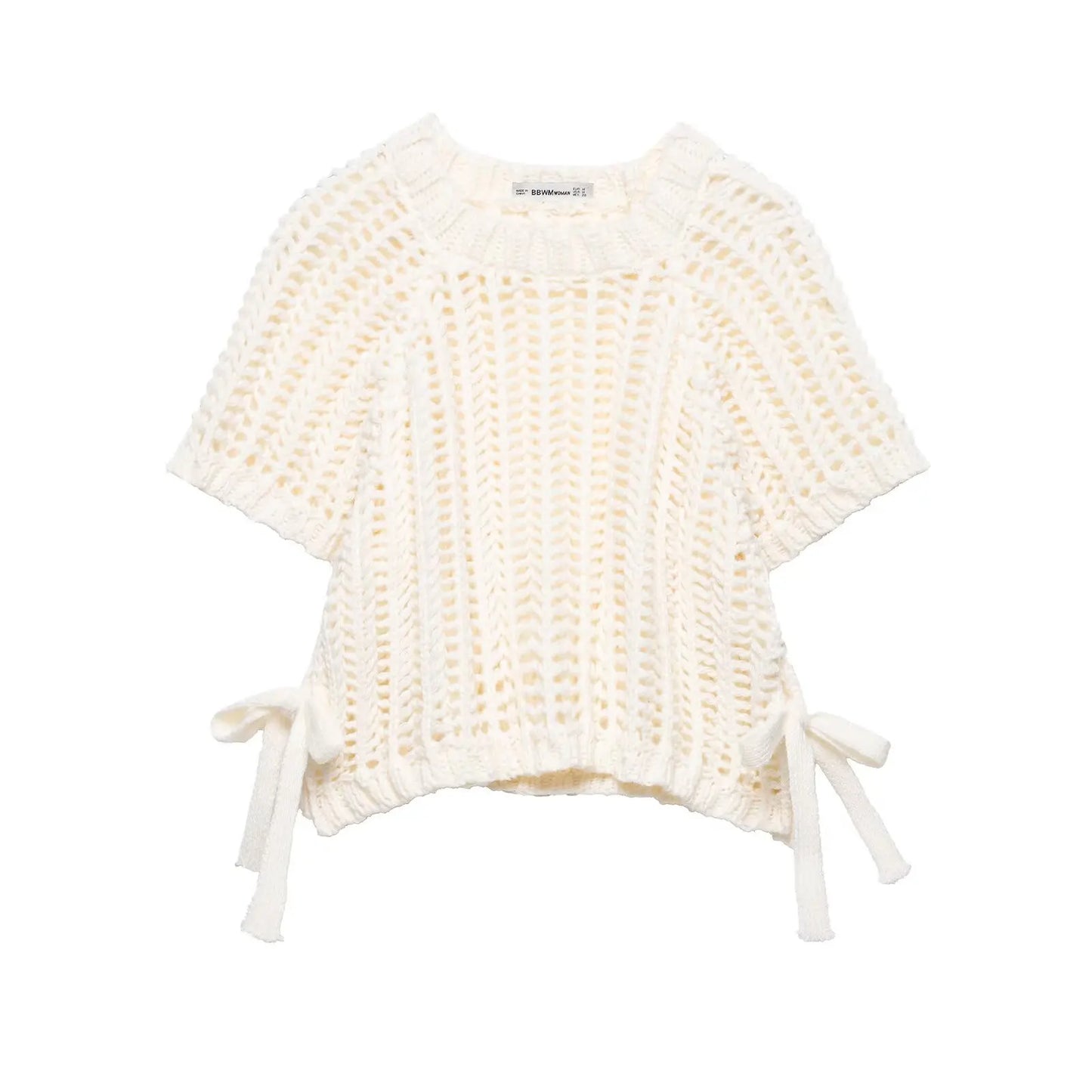 Women’s Hollow-Out Knit Pullover – Short Sleeve Lace-Up Bow Sweater