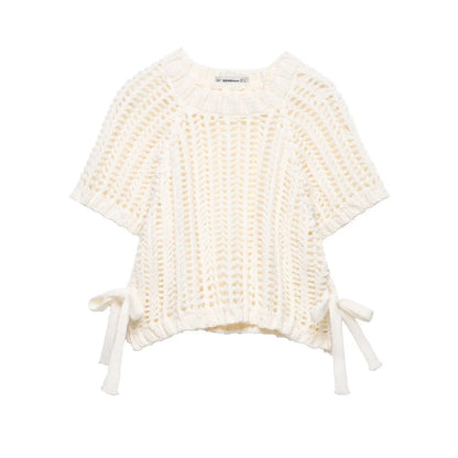 Women’s Hollow-Out Knit Pullover – Short Sleeve Lace-Up Bow Sweater