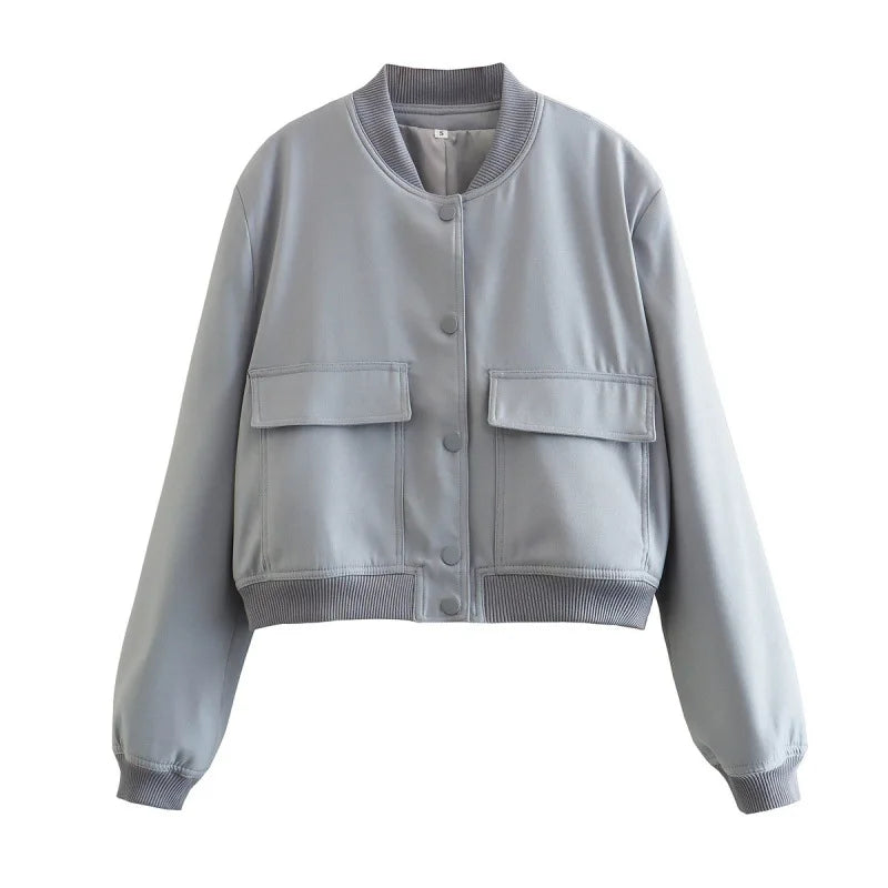 Women’s Cropped Bomber Jacket – MUJER 2025 White Button Long-Sleeve Autumn/Winter Coat