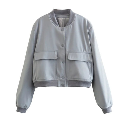 Women’s Cropped Bomber Jacket – MUJER 2025 White Button Long-Sleeve Autumn/Winter Coat