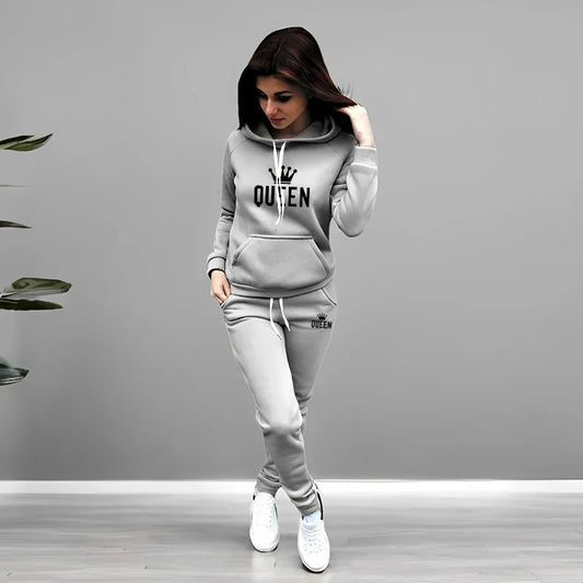 Women’s 2-Piece Queen Printed Hoodie & Pants Set – Casual Sporty Lounge Tracksuit | Autumn Winter 2025 New Arrival