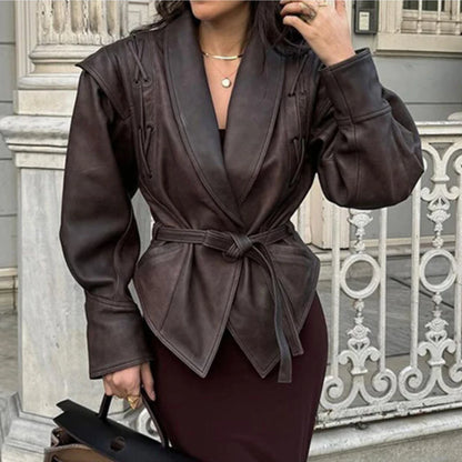 Women’s Faux Leather Belted Corset Jacket – 2025 Autumn/Winter Oversized Dropped Shoulder Coat