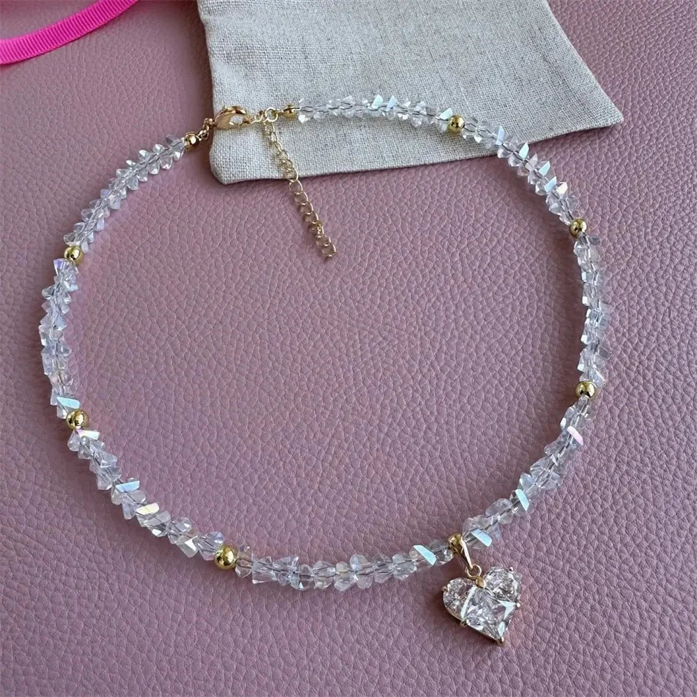 Vintage Zircon Heart Pendant Necklace for Women Boho Crystal Chain Jewelry