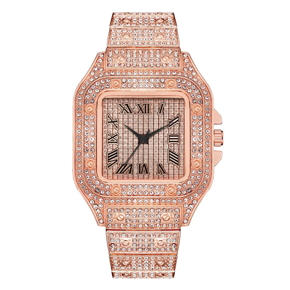 Classic Luxury Men’s Square Rhinestone Quartz Watch – Business Stainless Steel Roman Scale Wristwatch